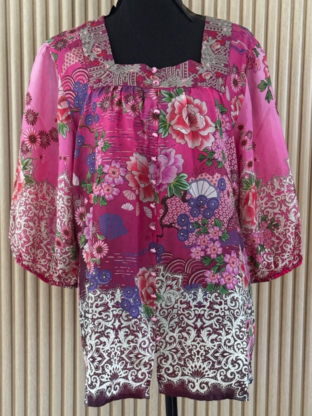 Johnny Was Printed Floral Silk Blouse Size Large